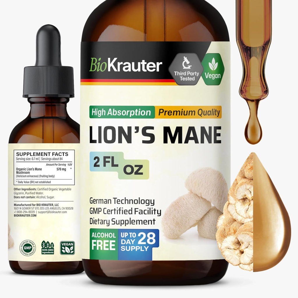 BIO KRAUTER Lions Mane Liquid Extract - Supplément de champignons pour le soutien du cerveau - Vegan Lions Mane Supplément - Alcool et gouttes sans sucre - 2 Fl.Oz.
