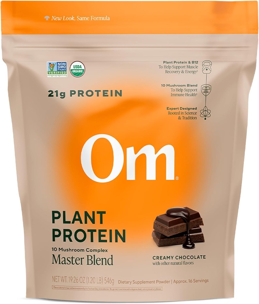 OM MUSHROOM SUPERFOOD Master Blend Protein végétalien – Protéine végétale de chocolat biologique avec 10 champignons, Ashwagandha, BCAAs & B12 – Énergie, récupération et soutien immunitaire – 1,2 lb (16 portions)
