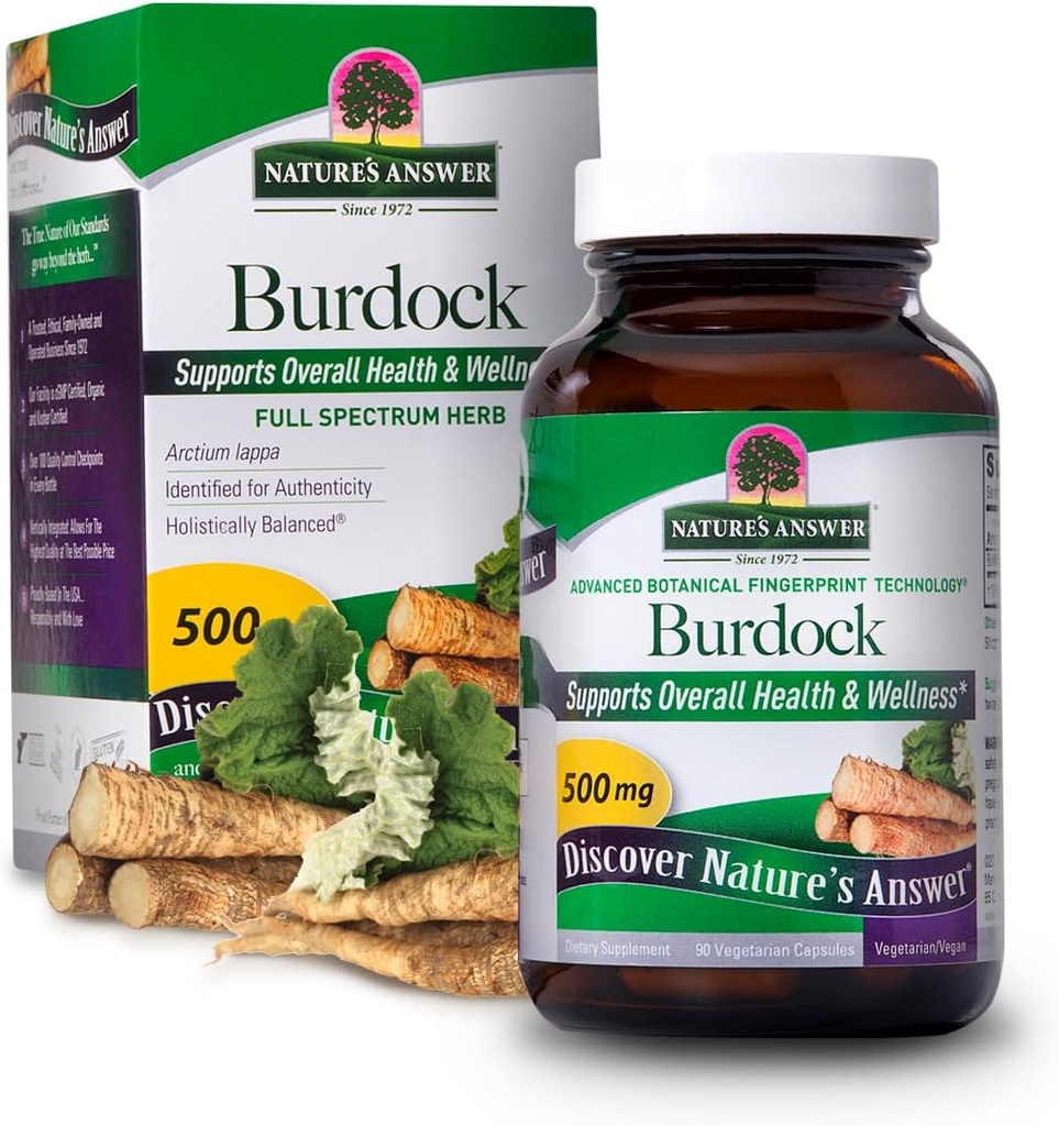 Nature's Answer Root de Burdock 500mg 90-Capsules de Detoxification Naturelle de Promote la Circulation De Sang.