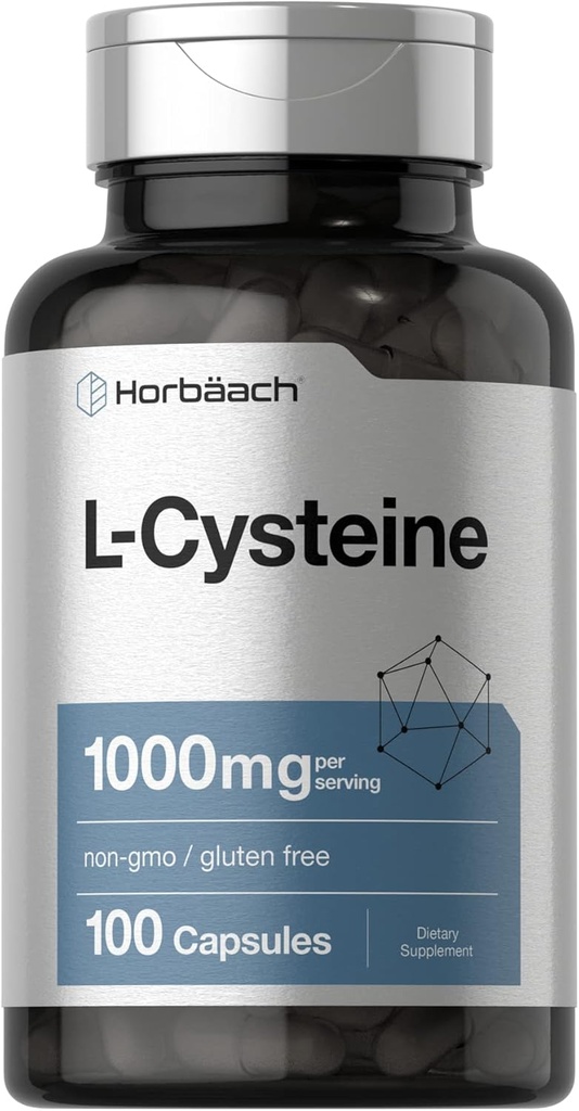 Horbäach L-Cysteine 1000mg=100 Capsules de poudre, sans OGM, supplément sans gluten