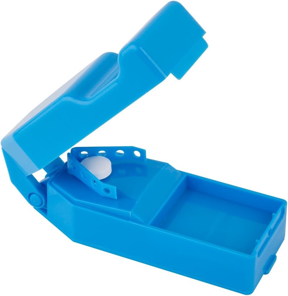 EZY DOSE Pillet Cutter et Splitter avec Dispensateur, Pilules coupées, Vitamines, Comprimés, Lame d'acier inoxydable, Déplacement sizé, Pilules coupées en toute sécurité et vitamines, Facile à utiliser, Couleur Mai Varier, Sans BPA