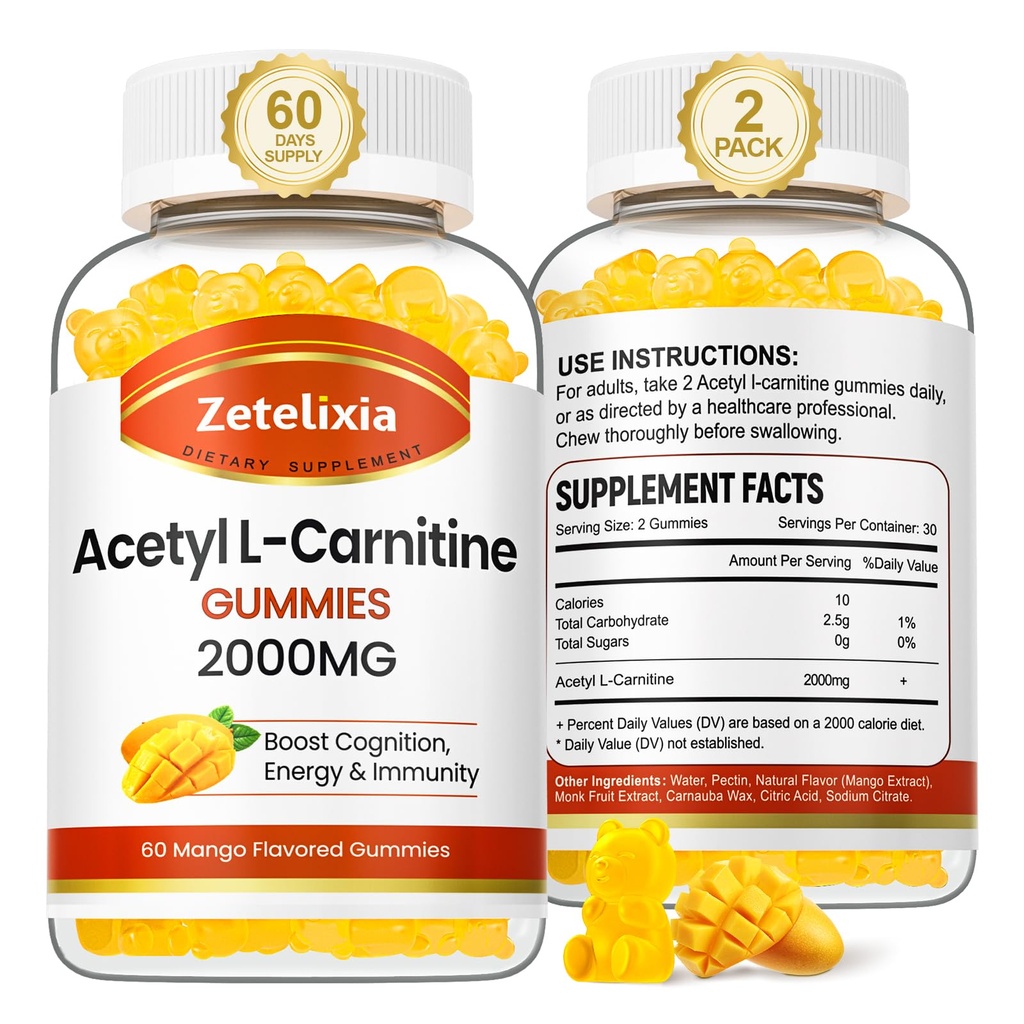 2 Pack Gommies d'acétyle L-Carnitine, supplément L-Carnitine pour les femmes et les hommes, supplément nutritionnel pour stimuler l'énergie, l'immunité et la santé cérébrale, végétalien, non-OGM, Mango Flavor, 120 Comte