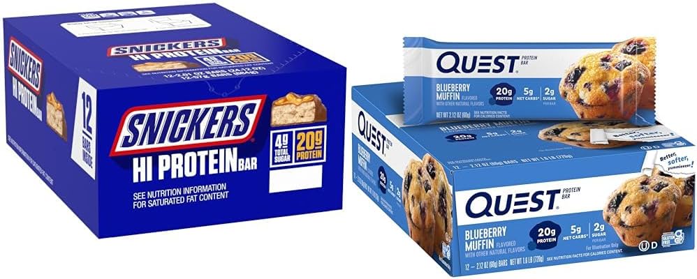 SNICKERS Hi Protein Peanut Caramel Bars 24,12 oz Encadré 12 Nombre et quest Blueberry Muffin Protein Bars 12 Nombre