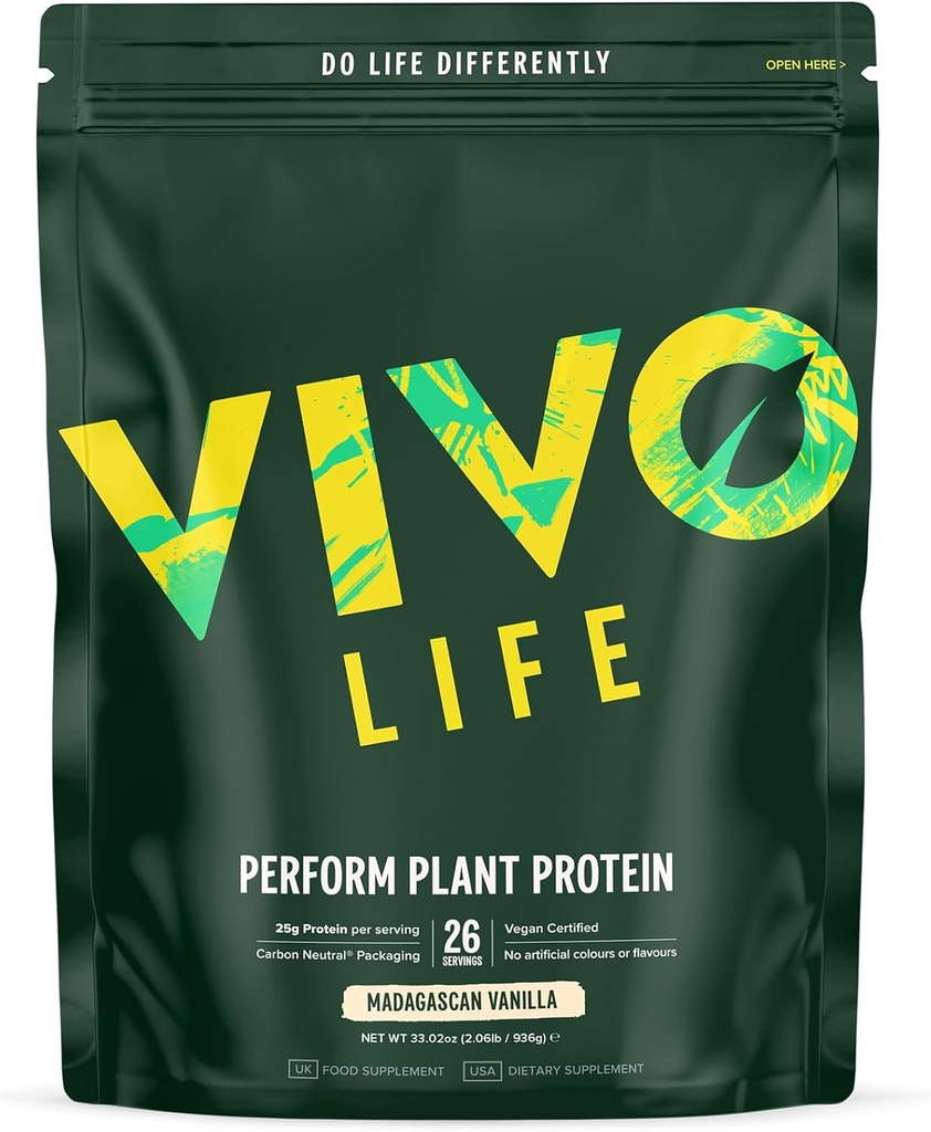 Vivo life Protéines végétales en poudre - Mélange de protéines de pois et de chanvre avec BCAA (34,85 oz, Vanille)