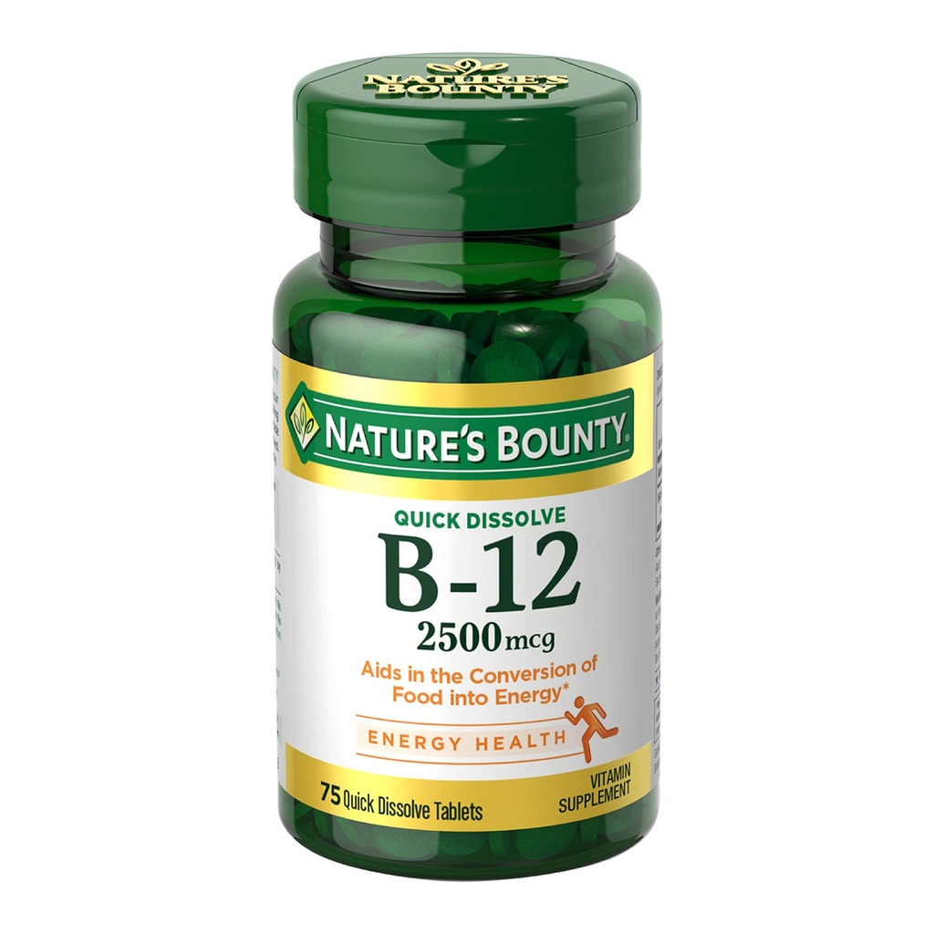 NatureS Bounty Vitamine B12 2500 mcg, Soutien à l'énergie cellulaire, pour le métabolisme de l'énergie, la santé du coeur et du système nerveux, 75 comprimés à dissolution rapide