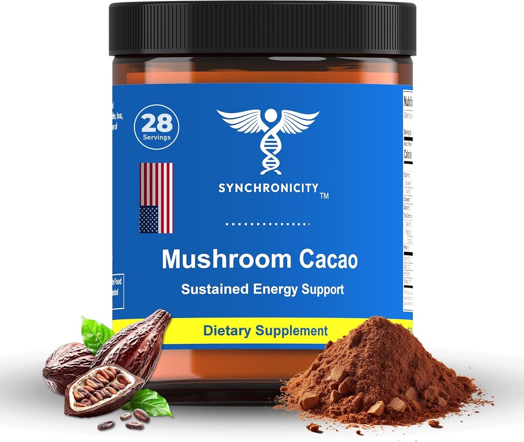 Champignon Cacao Adaptogen Énergie & Focus Boissons Poudre Supplément. Potent 8:1 Lions Mane, Cordyceps & 3 Mélange d'extrait de cacao/cacao de Yale DRS. Tout le café naturel Alt Nootropic & Nutrient Superfood