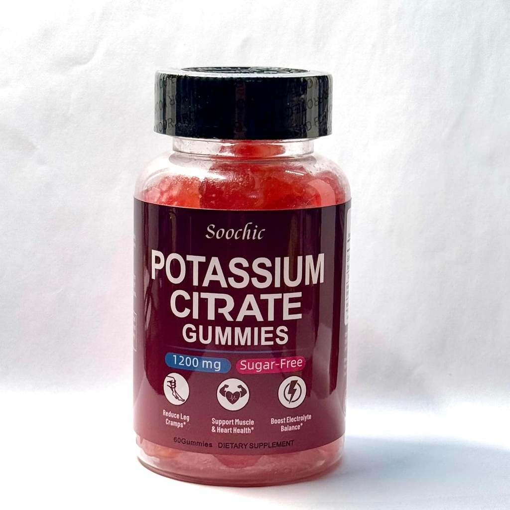 Gommies de potassium soochique - Citrate de potassium de 1200mg pour les hommes et les femmes - soutient les crampes des jambes et la santé musculaire