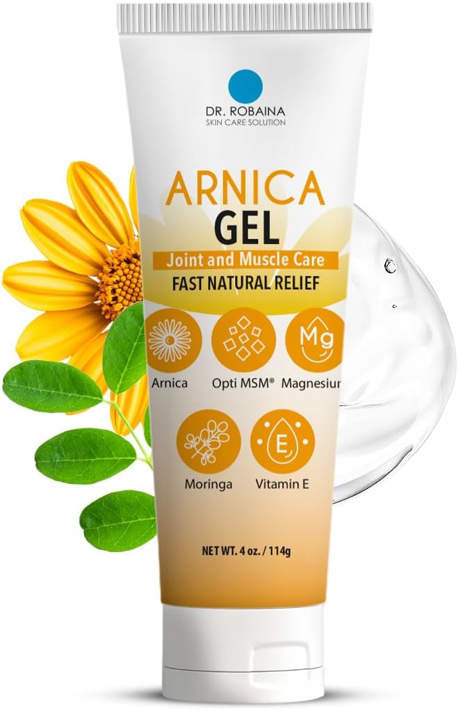 Dr. Robaina Arnica Gel 4 oz – Arnica concentrée montana avec MSM, Magnésium et Vitamine E. Gel de refroidissement non parfumé pour la peau mince et les zones meurtries.