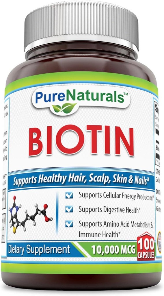 Pure Naturals Biotin 10 000 Mg, 100 Capsules- Soutient une peau et des cheveux sains – favorise une bonne santé globale