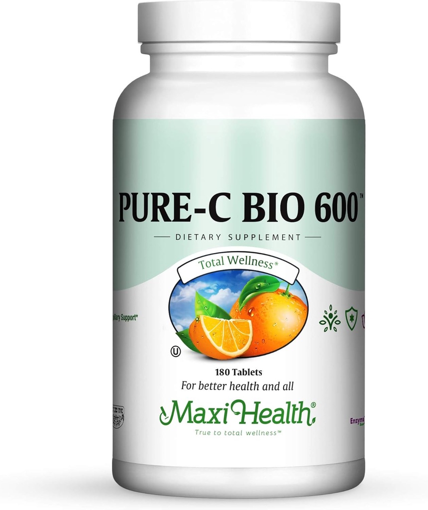 Supplément complexe de vitamine C 600 mg – Comprimés de vitamine C à dose quotidienne recommandée avec des bioflavonoïdes de citron, du calcium et du phosphore – Soutien de santé immunitaire – Pure-C Bio 600 Non-OGM, VIT C Végétalien 180 Comprimés