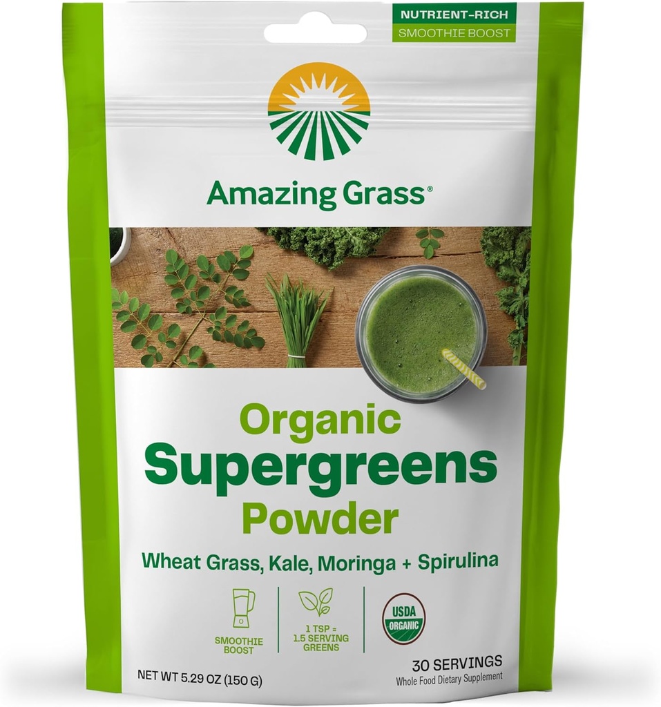 Amazing Grass Super Greens Booster: Mélange de smoothie en poudre de Greens avec Spiruline, Moringa, Blé Grass & Kale Smoothie Booster, Chlorophylle fournissant des verts, 30 portions