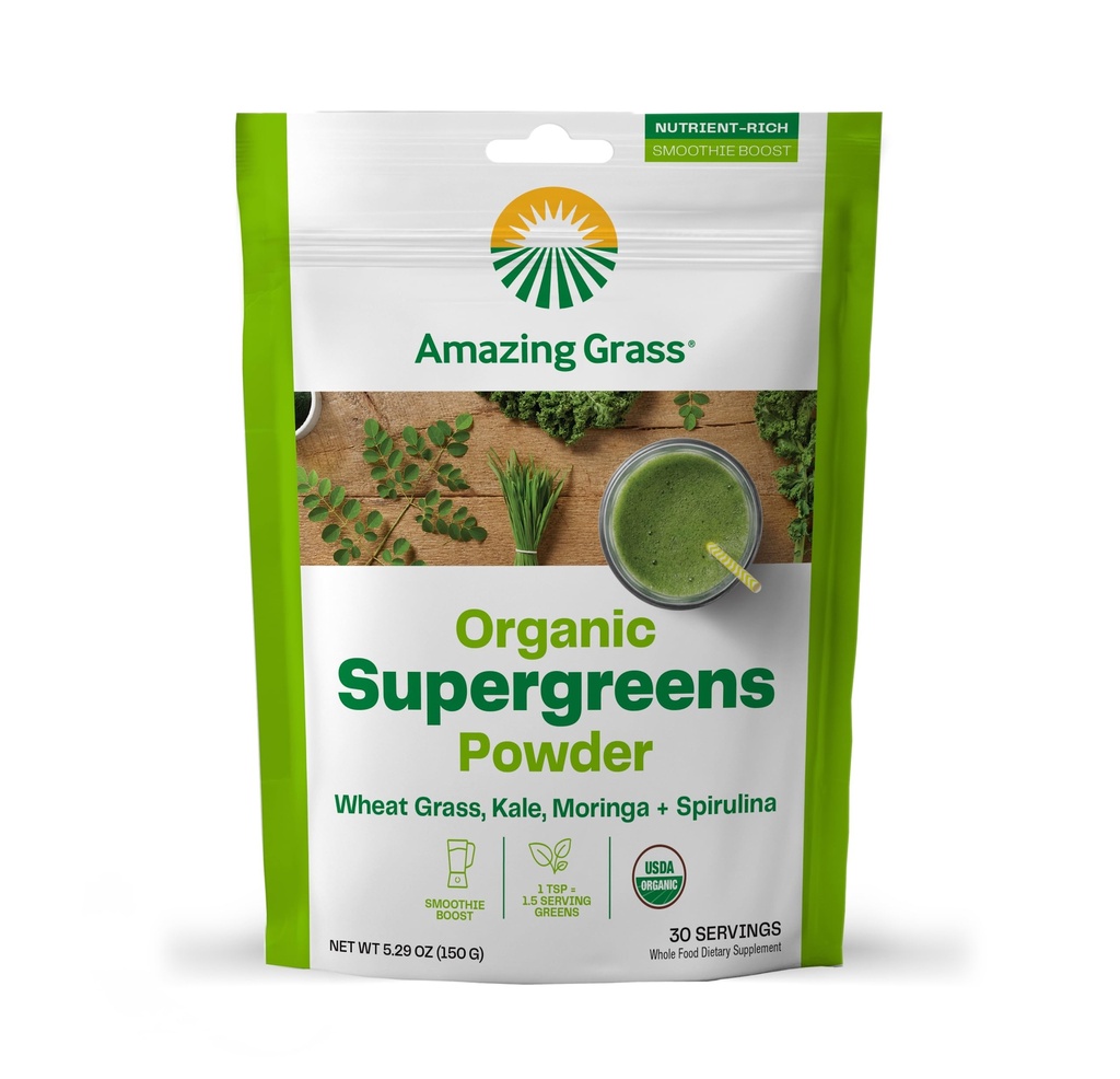 Amazing Grass Super Greens Booster: Mélange de smoothie en poudre de Greens avec Spiruline, Moringa, Blé Grass & Kale Smoothie Booster, Chlorophylle fournissant des verts, 30 portions