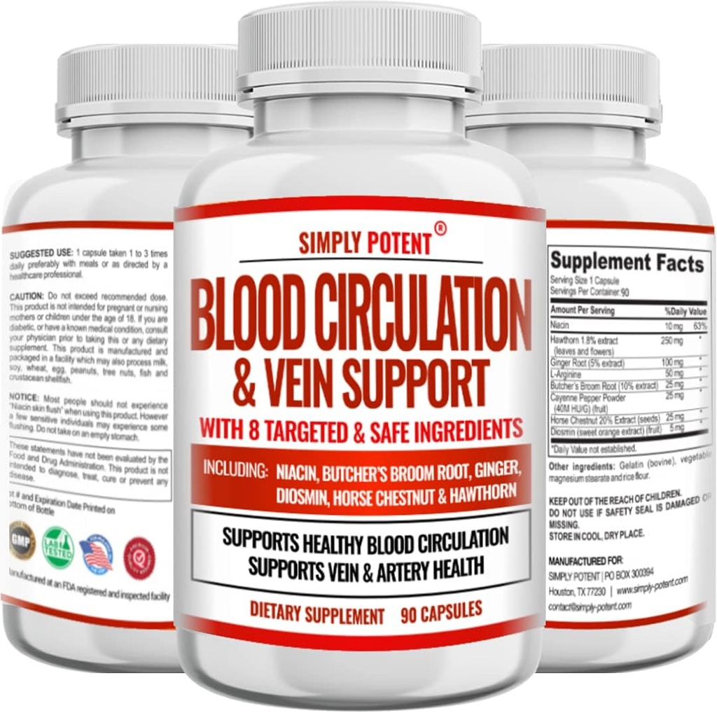 Supplément pour la circulation sanguine et le soutien de la veine, 90 capsules, aide avec les veines d'araignée et de varice, soutient les vaisseaux, les jambes et la santé cardiovasculaire avec Niacine, Ginger, Cayenne Pepper