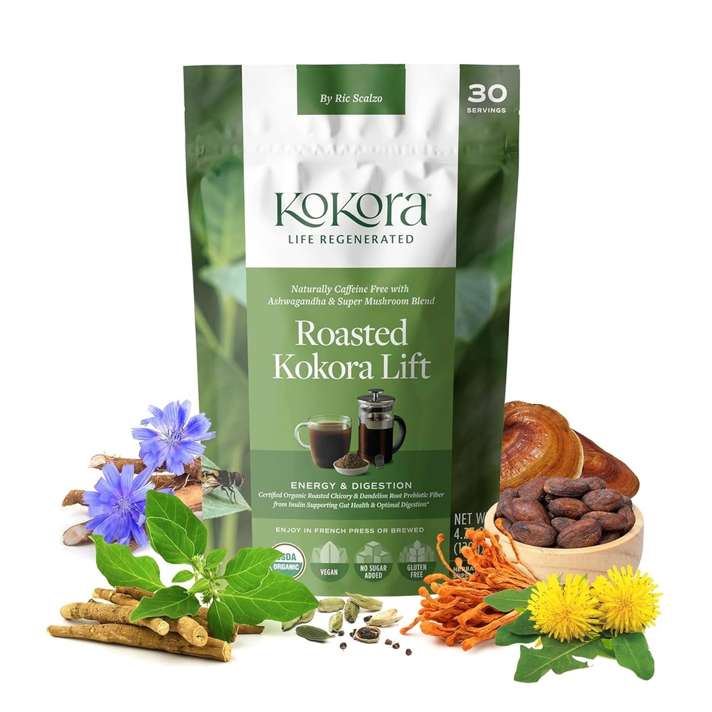 kokora - Remontoir Kokora torréfié - Dandelion, Chicory, Ashwagandha poudre de racine avec des champignons super - Energis et favorise la digestion saine - végétalien, sans gluten, sans sucre ajouté - 30 portions - 120g