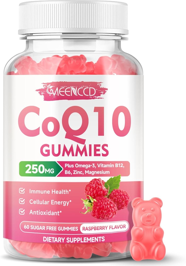 Sans sucre CoQ10 Gummies 250mg, Suppléments Coenzyme Q10 Plus Oméga-3, Vitamine B6 & Zinc, Supplément CoQ10 haute absorption pour l'énergie cellulaire et le soutien antioxydant, Arôme framboise, Vegan 60Cts