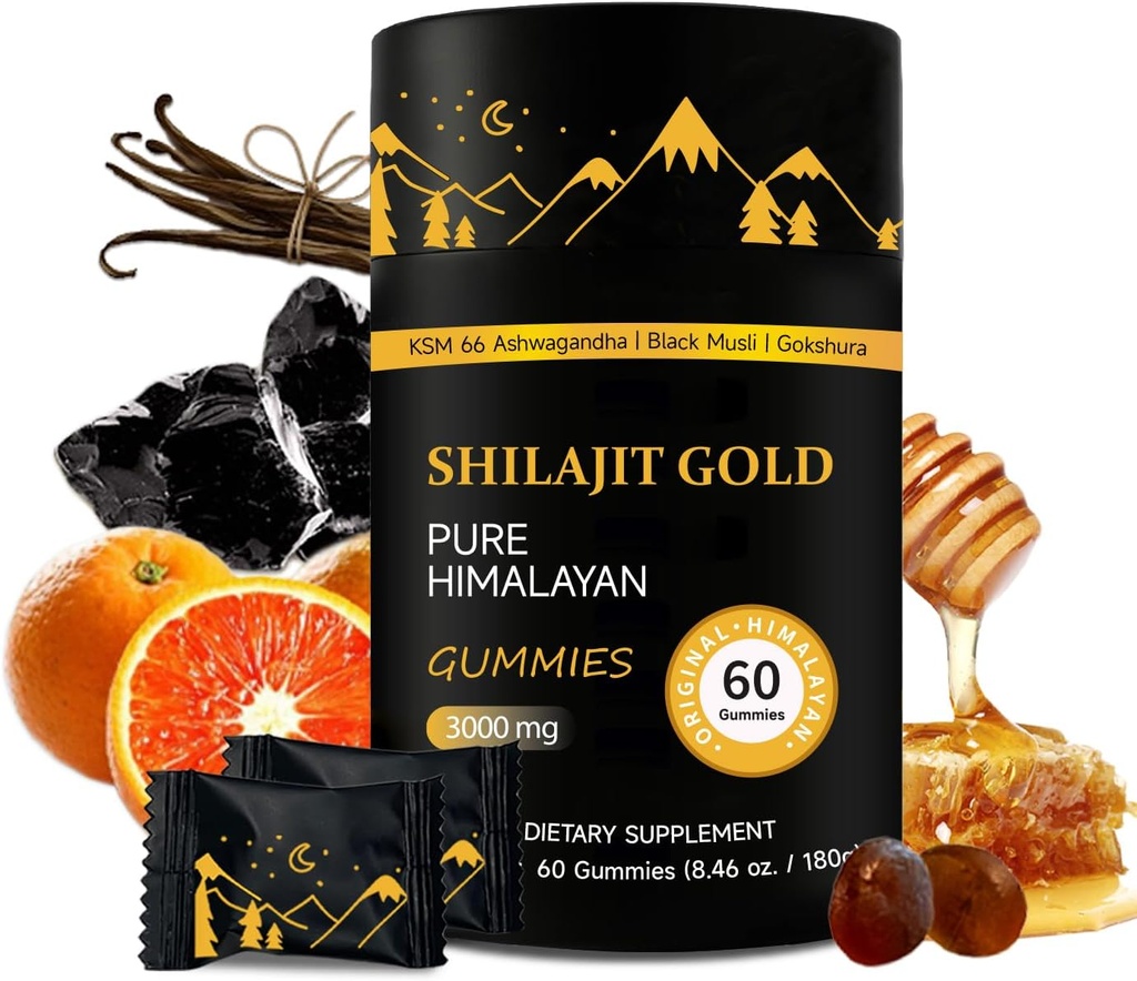 Shilajit Gummies de l'Himalayan pur Shilajit Gummies d'or de l'Ashwagandha, Gokshura de l'Acide Fulvic et 85+ Trace Minerals pour les hommes, les femmes de l'Himalayan non-GMO de laboratoire testé de l'Ashwagandha Pas de sucre ajouté I 60 Gummy