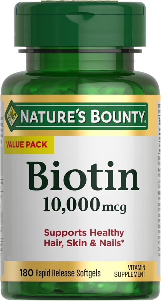 Nature's Bounty Biotin Hair Skin and Nails Vitamins, Supports Healthy Hair, Skin and Nails, 10,000 mcg, Rapid Release Softgels, 180 Ct