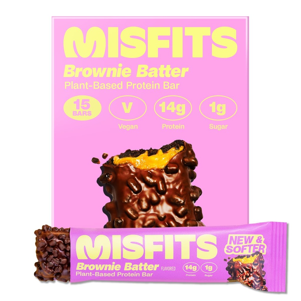 Misfits Vegan Protein Bars, Brownie Batter - Updated Recipe | Plant Based, Low Sugar & Carb, High Fiber Snacks | Pack of 15