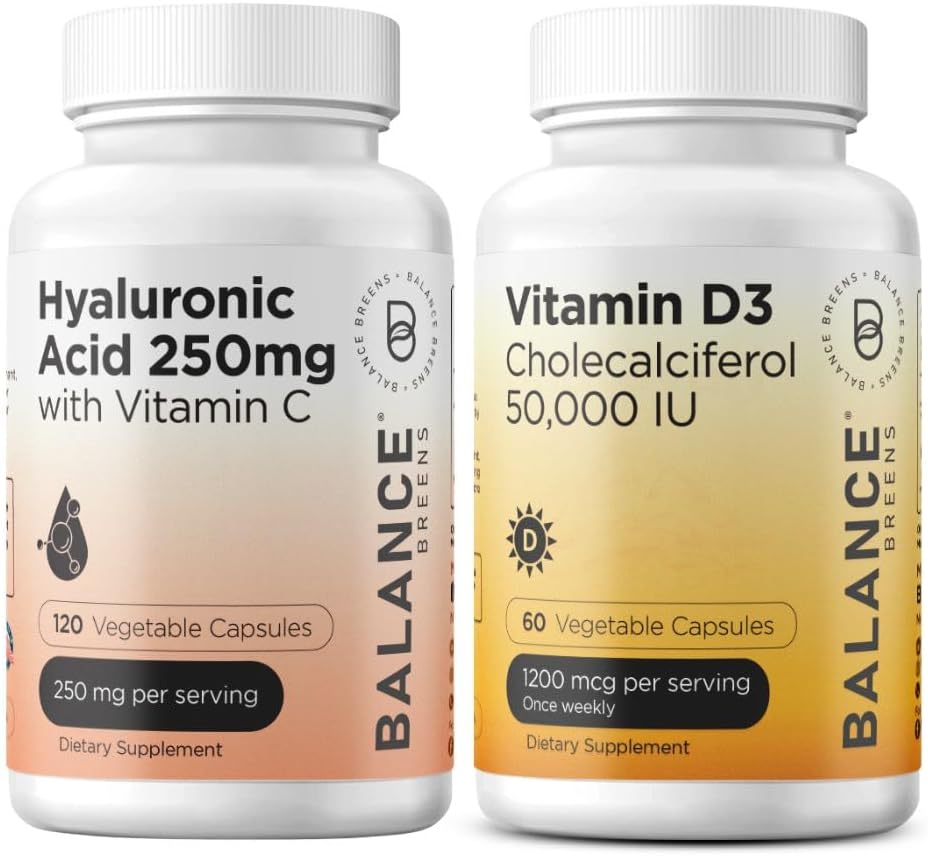 Balancebreens Acide Hyaluronique pur 250mg avec Vitamine C 50mg + Vitamine D3 50 000 UI Supplément Combo