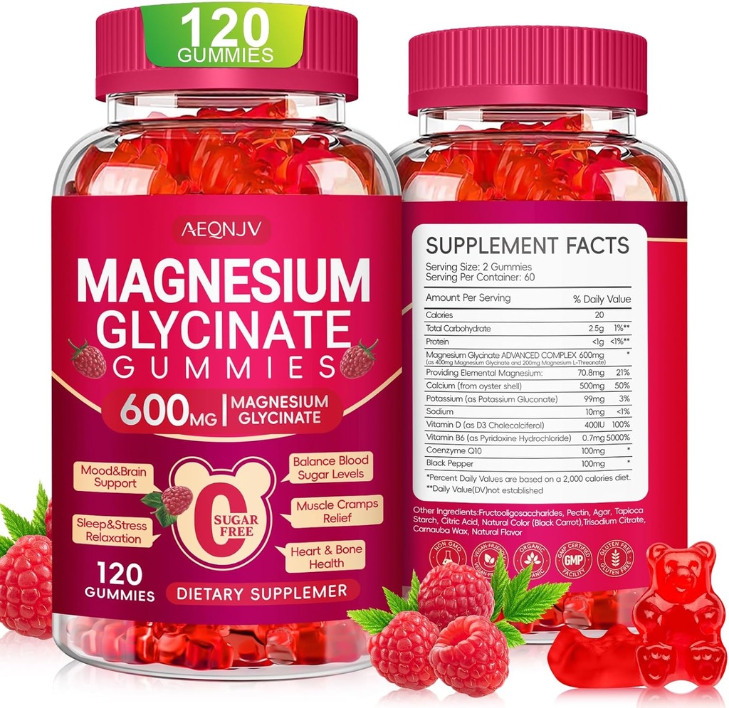 Glycinat de magnésium 600mg, Gommies de magnésium sans sucre pour adultes avec L-Thréonate, Suppléments potassiques à croquer pour le soutien corporel, le sommeil et la relaxation, 120 Compte