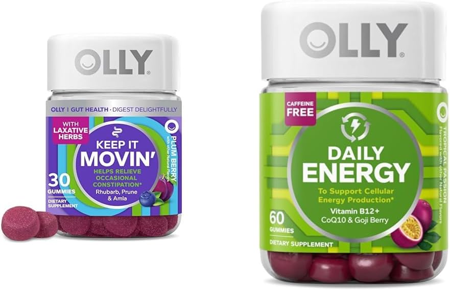 Relief de constipation OLLY 30ct, Énergie Gummy 60ct - Rubarb Prunes Amla Berry, B12 CoQ10 Goji Tropical