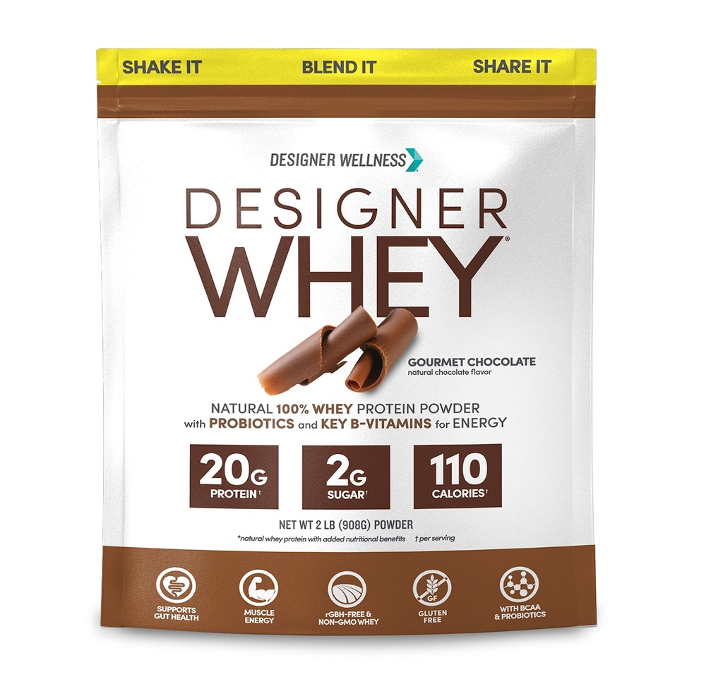 Designer Wellness, Designer Whey, poudre naturelle de protéines Whey avec probiotiques, fibre et clés B-vitamines pour l'énergie, sans gluten, chocolat gastronomique, 2 lb
