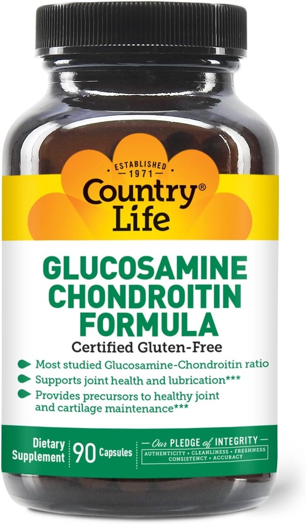Country Life Glucosamine Chondroitin 1500mg/1200mg - Soutient la santé et la lubrification articulaires - Maintient un cartilage sain, Tendon, Tissu articulaire - Sans gluten, Non-OGM - 90 Capsules - pour adultes