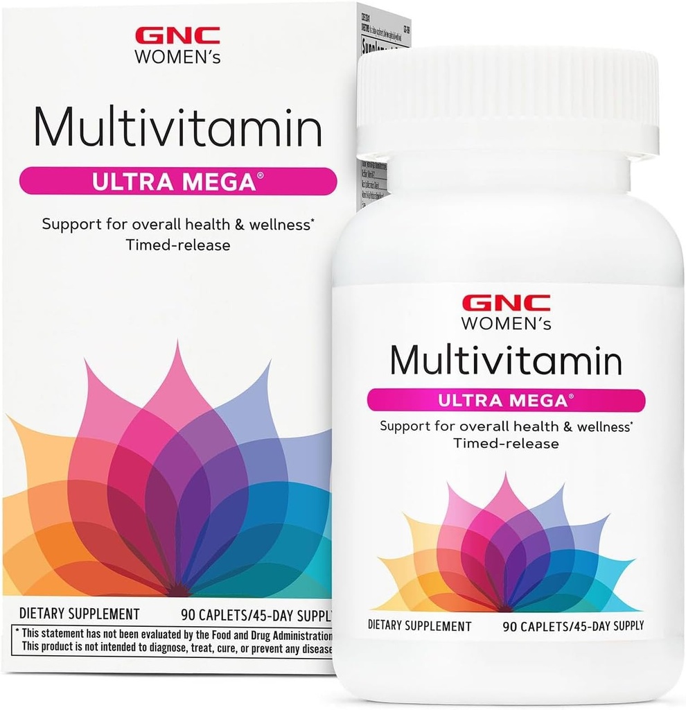 GNC Femmes Ultra Mega Caplets multivitamines, cliniquement prouvés pour se sentir mieux, Immune support, vitamine A, B, C, D, fer, biotine, beauté, sans gluten, libération dans le temps, 90 ct, 45 svgs