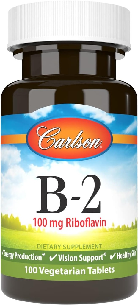 Carlson - B-2, 100 mg de Riboflavine, production d'énergie, soutien de la vision et peau saine, 100 comprimés végétariens