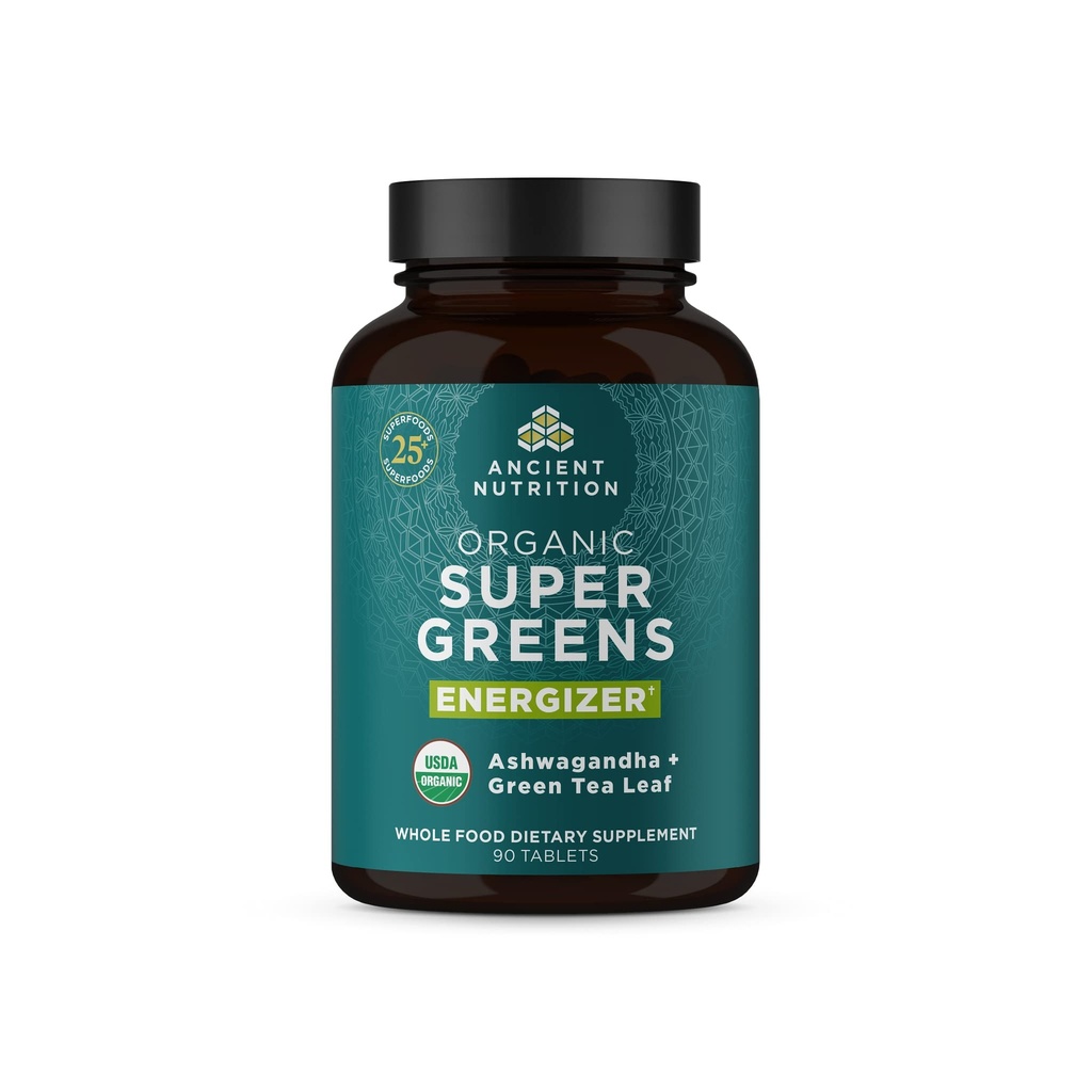 La nutrition ancienne Supergreens Energizer Comprimés, Bio Superfood Comprimés avec de la caféine, fabriqués à partir de vrais fruits, légumes et herbes, pour le soutien digestif et énergétique, 90 Compte