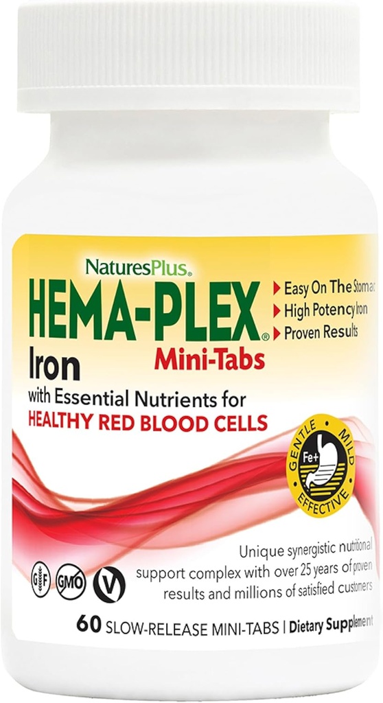 NaturesPlus Hema-Plex Fer - 60 mini-onglets à libération lente - 2 boîtes - 85 mg Fer chélaté - Santé totale du sang - avec vitamine C et bioflavonoïdes - Vegan, sans gluten - 60 portions totales