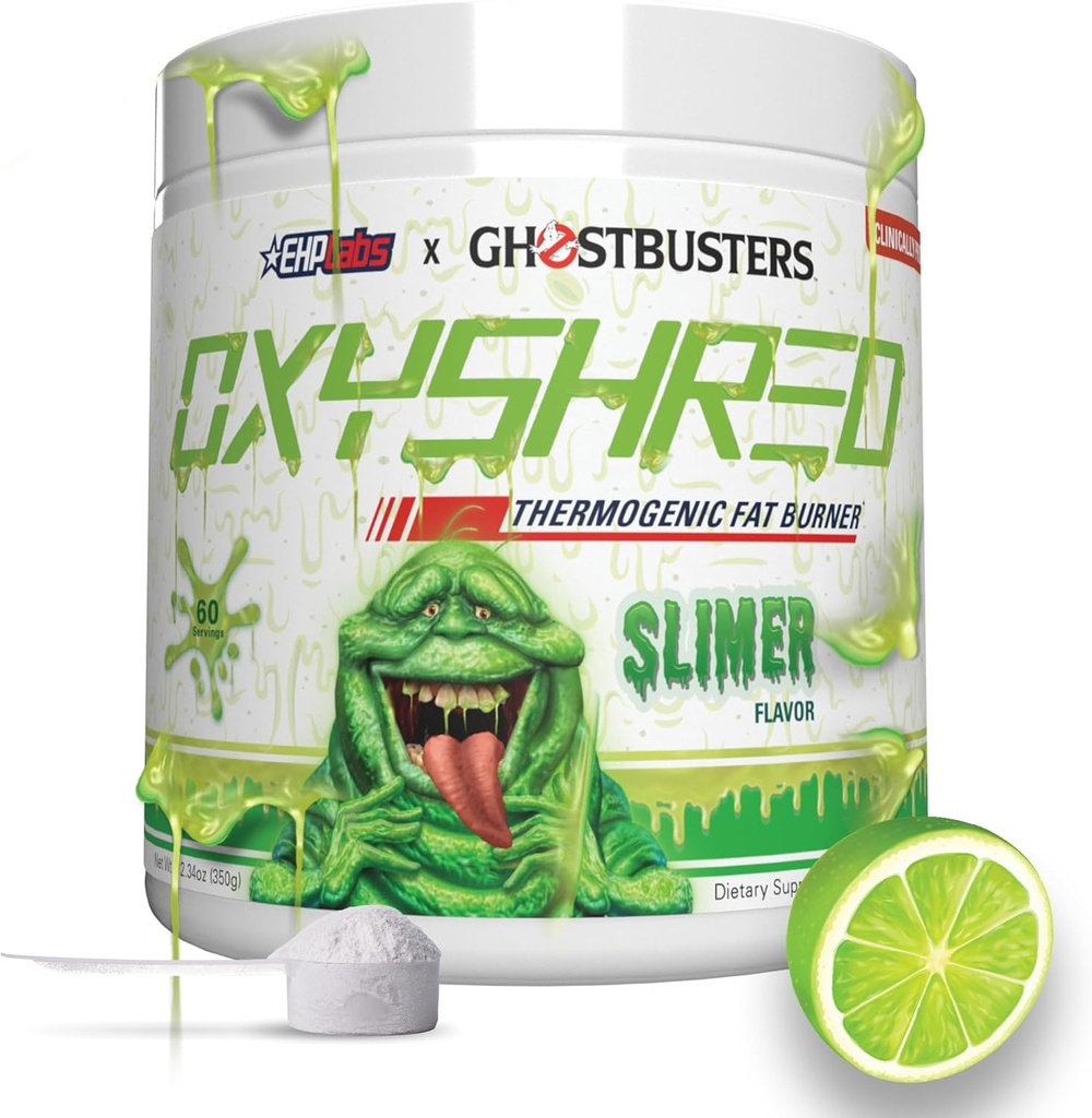 EHP LABS Ghostbusters OxyShred Thermogen Pre Workout Powder & Shredding Complement - Powder préworkout prouvé cliniquement avec acétyl L Carnitine, Boissons pour stimuler l'énergie - Lime mince, 60 portions