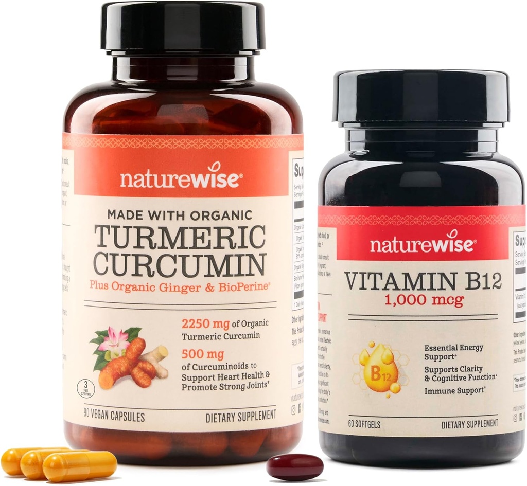 NatureWise Curcumine Turmeric 2250mg & Vitamine B12 1000mcg Softgels Soutien conjoint Niveaux d'énergie 60 Compte