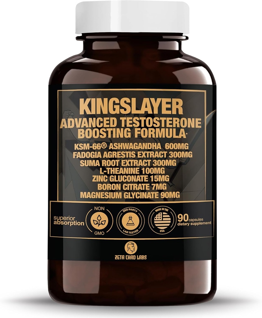 Kingslayer: 7-in-1 Testosterone Booster for Men w/KSM-66, Fadogia, Suma Root, L-Theanine, Zinc, Boron, Magnesium – Muscle, Energy, Libido & Focus