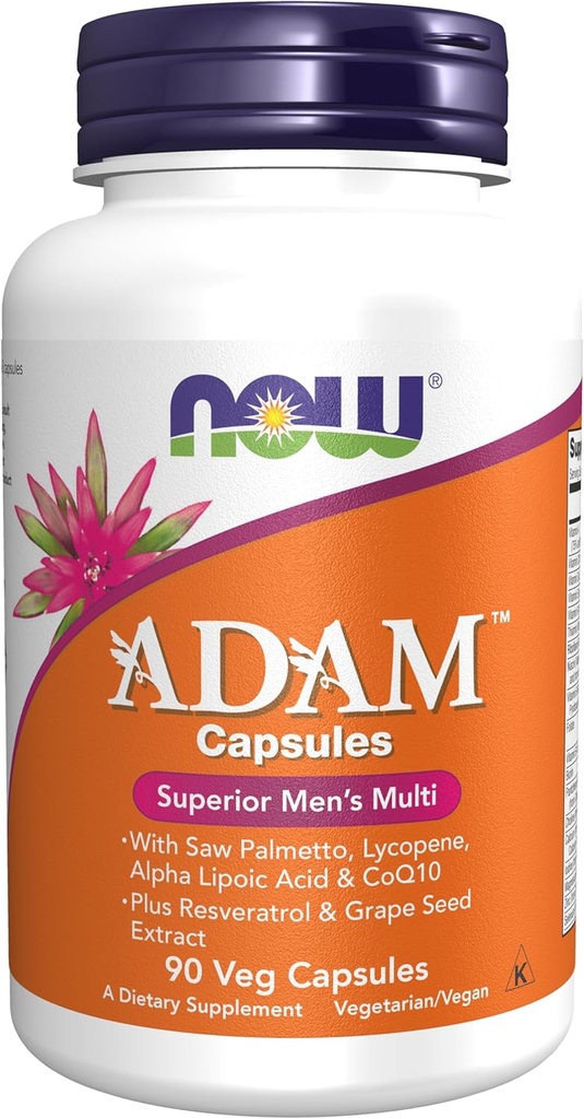 NOW Foods Supplements, ADAM™ Men's Multivitamin with Saw Palmetto, Lycopene, Alpha Lipoic Acid and CoQ10, Plus Natural Resveratrol & Grape Seed Extract, 90 Veg Capsules