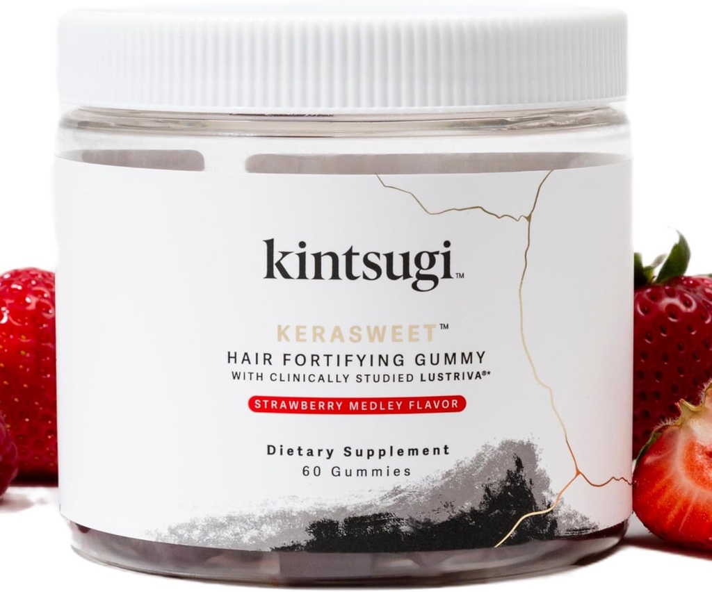 Kintsugi KeraSweet Cheveux Fortifiants Gummy- Aide Combat Signes de vieillissement Cheveux, Supplément pour strands forts et volumineux- Soutient cheveux sains et plus pleins w/ B12, Saw Palmetto, ACV (Strawberry, 60ct)