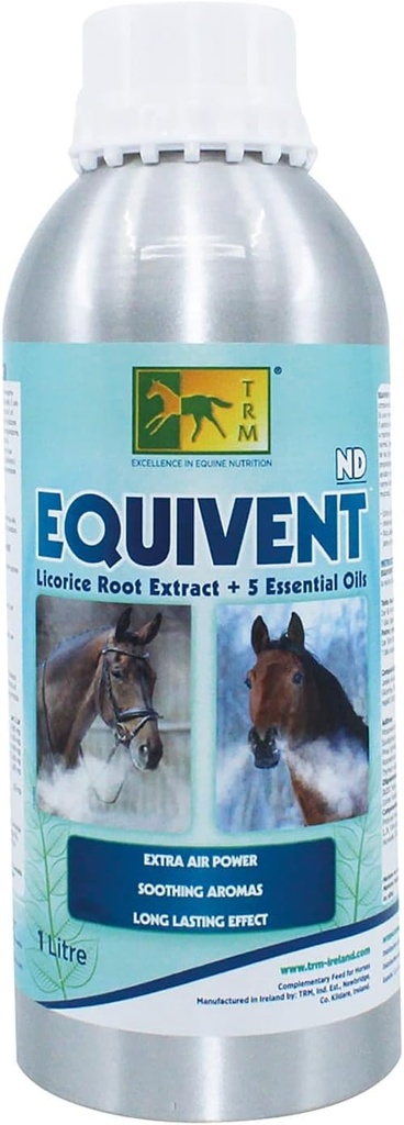 Equivent ND Liquid Horse Feed Supplément avec 5 huiles essentielles pour respirer sainement.