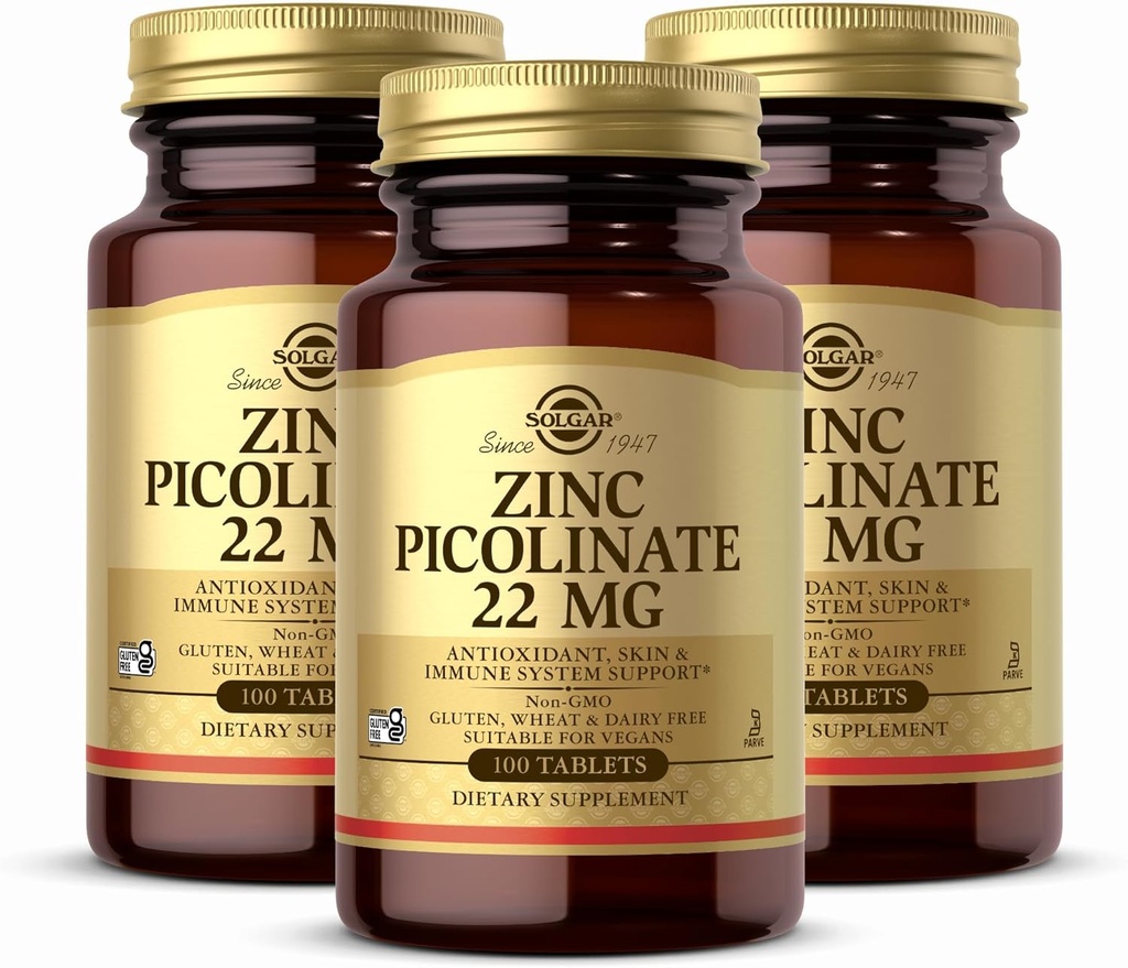 Solgar Zinc Picolinate 22 mg, 100 comprimés (paquet de 3) - favorise la santé de la peau - soutient le système immunitaire, le goût normal et la vision - antioxydant - non-OGM, végétalien, sans gluten, casher - 300 portions totales