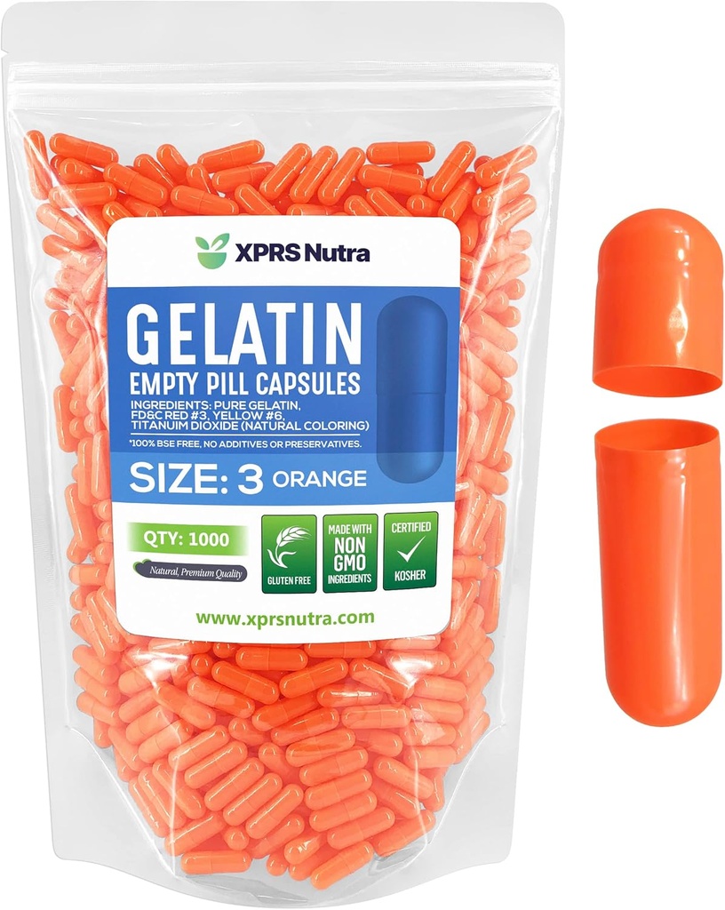 XPRS Nutra Taille 3 Capsules vides - 1000 Compte Capsules de gélatine vides - Pills Bricolage Capsule Remplissage - Pure Pilule de Gel de Pilule de Bovine Remplissant pour Do-It-Youlf Vitamines et Suppléments (Orange)