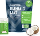 Coromega MAX 2400mg Omega-3 Huile de poisson + Vitamine D Paquets de pression, Wild-Caught, Pas de goût de poisson - 3X Meilleure absorption que les softgels, soutient la santé du cerveau et du cœur (30 portions, plaisir de noix de coco)