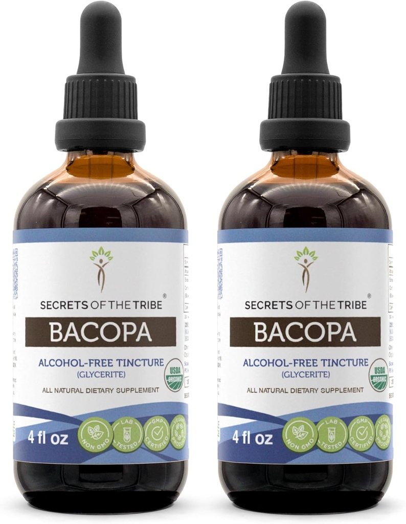 Bacopa USDA Organic (en anglais seulement) Extrait d'alcool-FREE, gouttes d'herbes à haute puissance, relaxation, effet cognitif positif (en anglais seulement) Fabriqué à partir de Bacopa biologique 100% certifié (Bacopa Monnieri) Herbe séchée 2x4 oz