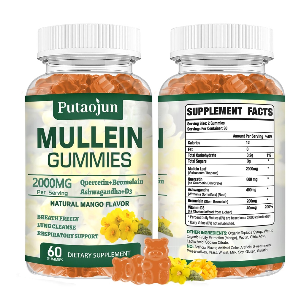 Mullein Gummies for Lung Cleanse (en anglais seulement) Organic Immune Support (en anglais seulement) 2000mg Santé respiratoire Gummies (en anglais seulement) Mango Flavor, Non-Sticky (en anglais seulement) Santé pulmonaire, Sinus Relief (en anglais seulement)