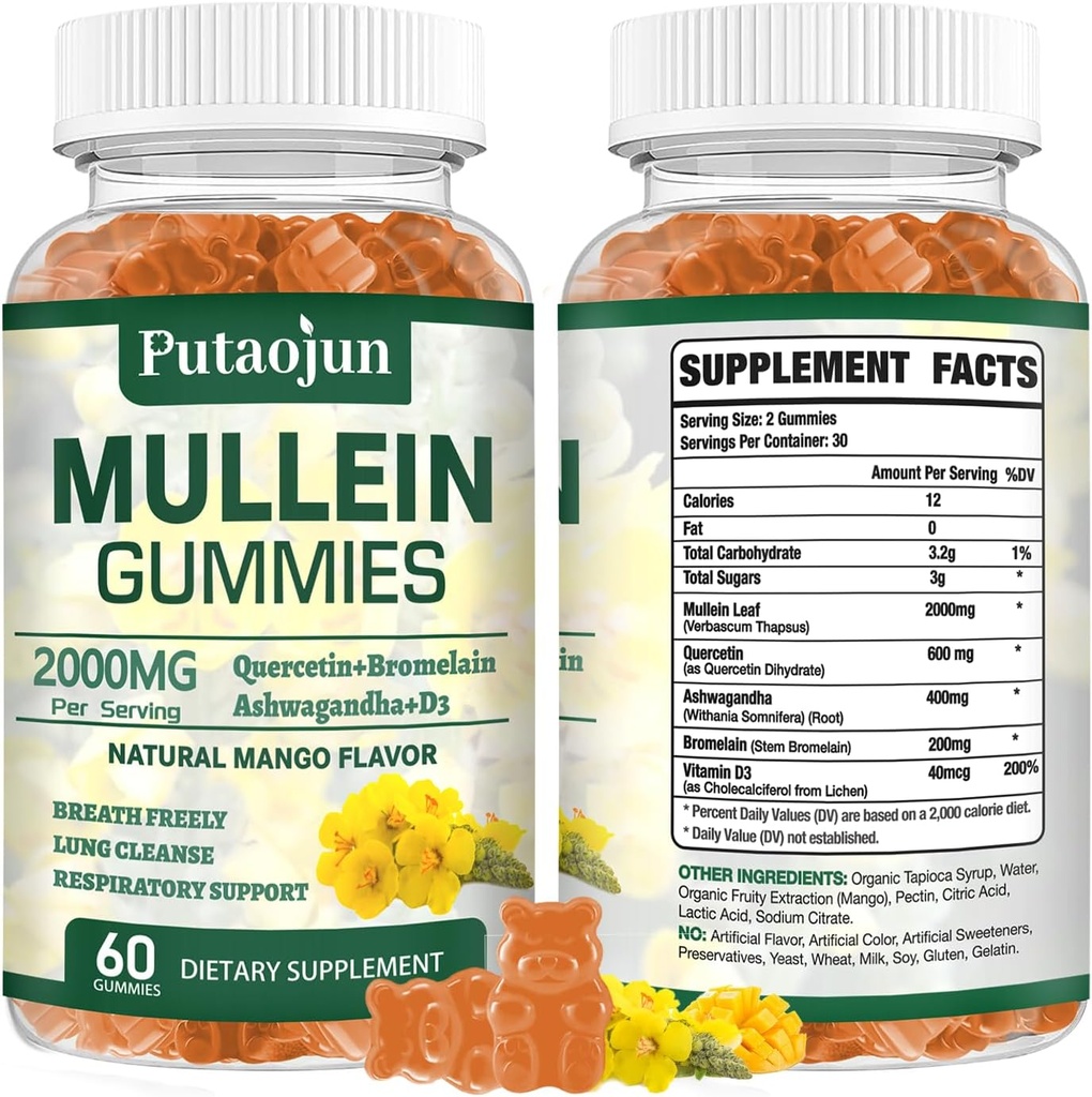 Mullein Gummies for Lung Cleanse | Organic Immune Support | 2000mg Respiratory Health Gummies | Mango Flavor, Non-Sticky | Lung Health, Sinus Relief | Mullein Leaf Extract | 1 Pack