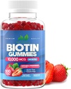 Biotine 10 000 mcg Gommies pour les femmes et les hommes (100 Nombre) - 2x Biotine de force maximale pour la croissance des cheveux, la peau et les ongles - Sans gluten, végétalien, non-OGM, grand goût de fraise - 100 Gommies