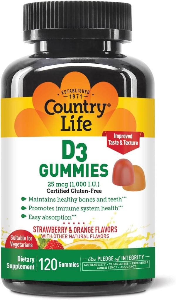 Pays Vie Fraise et orange D3 Gummies, 120 CT