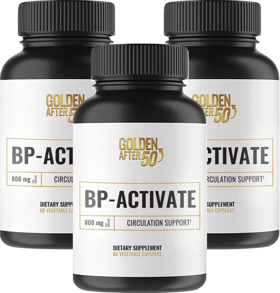 Golden after 50 BP-Activate - Supplément d'oxyde nitrique avec acides aminés essentiels - Supplément de soutien de la circulation sanguine et de la santé cardiaque - 3 bouteilles - 800mg L Arginine, AAKG, L Citrulline