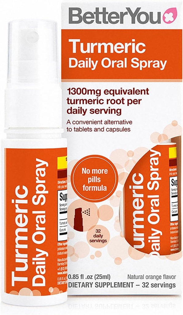 BetterYou Turmeric Spray Oral - Supplément Turmeric naturel liquide - une alternative de pilule facile et confortable - naturel orange aromatisé - 0,85 oz