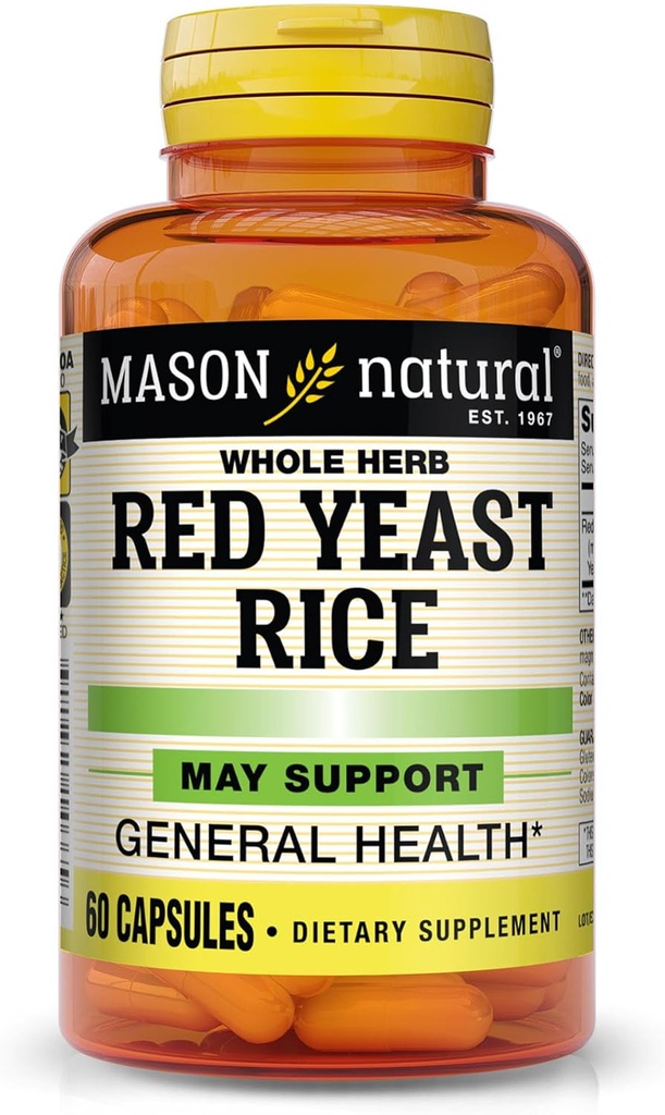 MASON NATURAL Riz de levure rouge, soutient la santé cardiaque et la circulation sanguine, supplément à base de plantes, 60 capsules