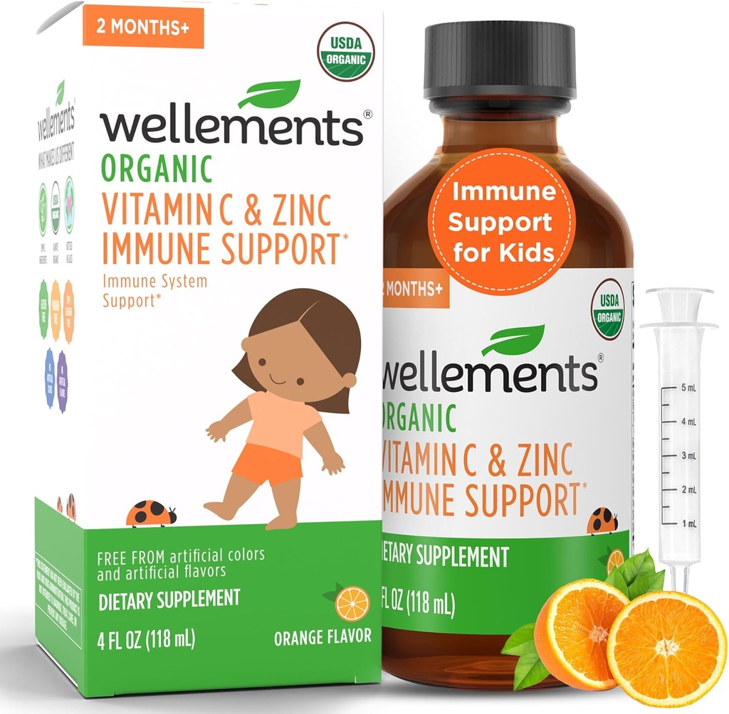 Wellements Organic Vitamine C & Zinc Immune Support* Supplément pour les enfants 2 mois + de l'USDA biologique, sans colorants, paragons et top 9 des allergènes les plus courants, saveur orange, (4 Fl Oz)