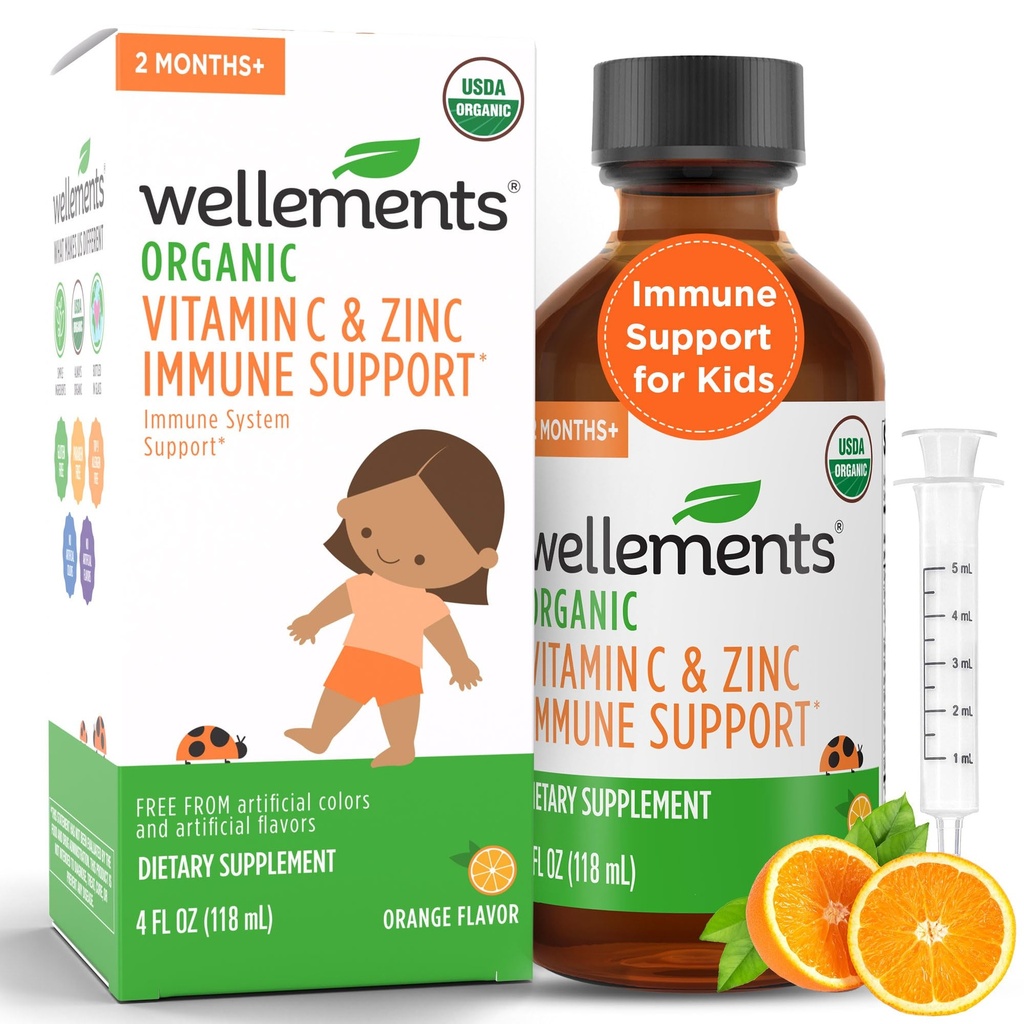 Wellements Organic Vitamine C & Zinc Immune Support* Supplément pour les enfants 2 mois + de l'USDA biologique, sans colorants, paragons et top 9 des allergènes les plus courants, saveur orange, (4 Fl Oz)